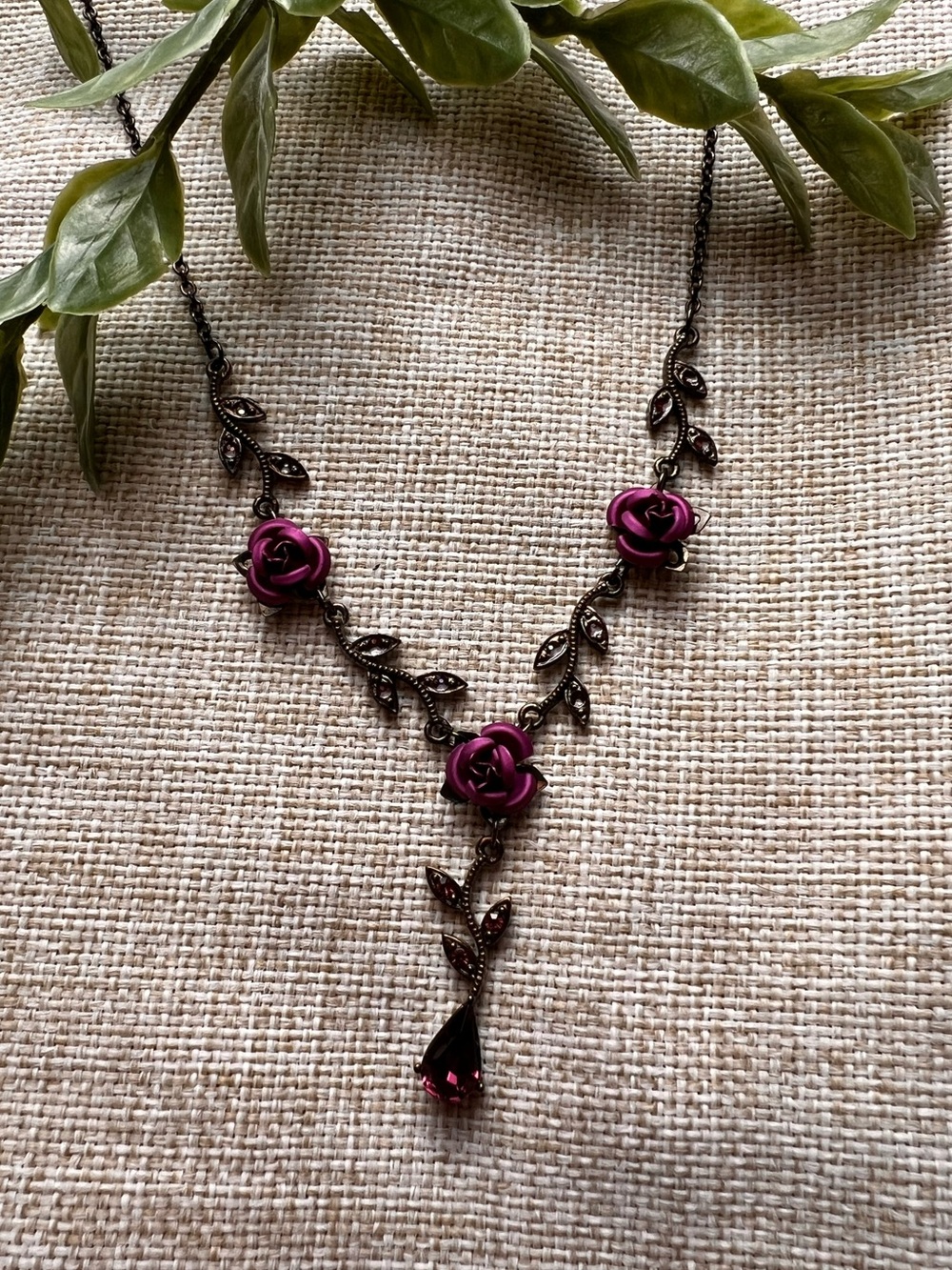 GOTHIC Black and Purple Dainty Rose Necklace with Crystal